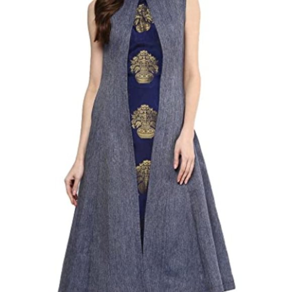 Women's blue denim and Taft silk A-line sleeveless
